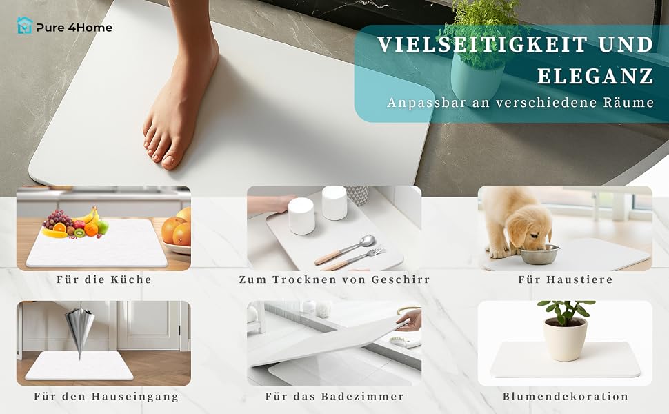 Діатомітовий килимок для ванної Pure 4Home Kieselgur 60x40 см, швидкосохнучий та антибактеріальний підклад, білий