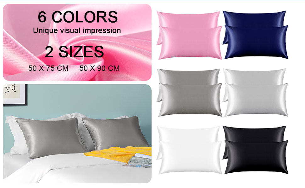 FLXXIE 2 Pack Satin Pillowcases for Skin and Hair, Luxurious and Silky King Size Pillowcases with Hotel Closure, Black, 50 x 90 cm
