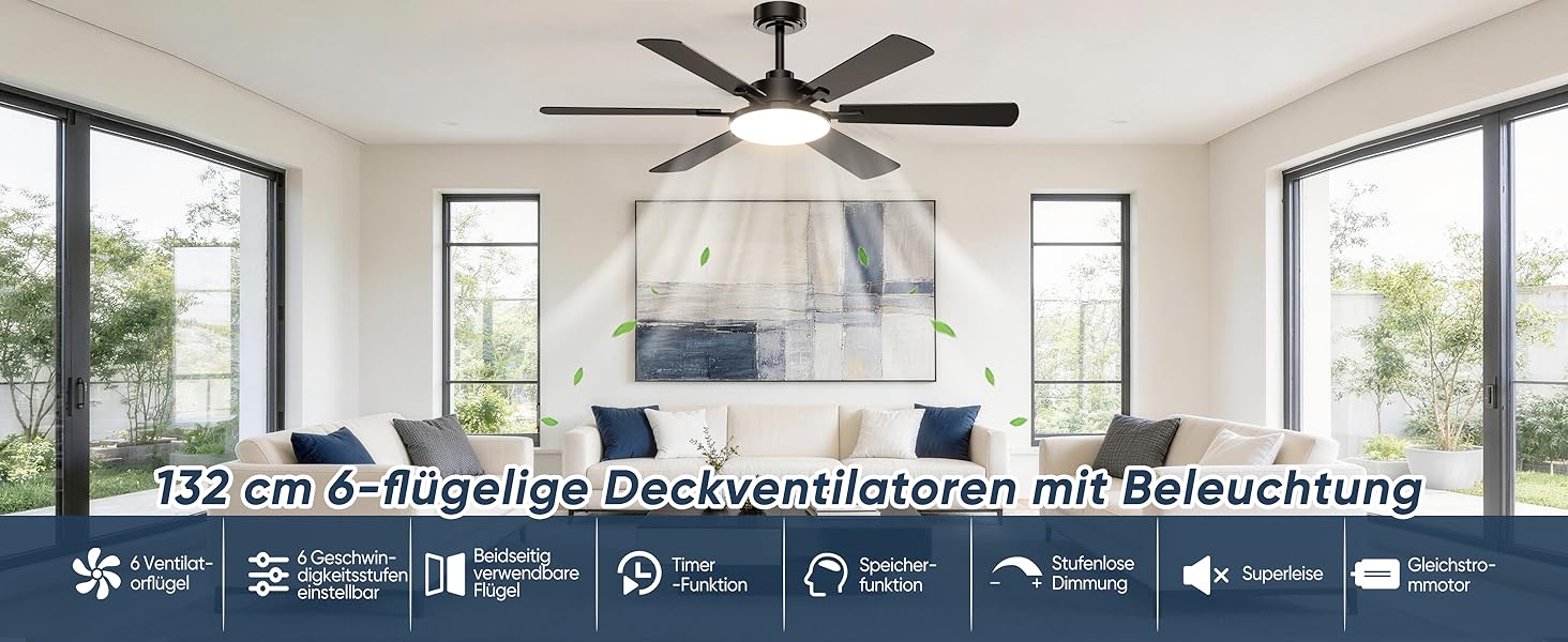 Стеляний вентилятор з підсвіткою 132см, 6 лопатей, з пультом керування, тихий DC-двигун, 6 швидкостей, 3CCT, регульоване LED-підсвітлення, двосторонні лопаті для спальні/вітальні