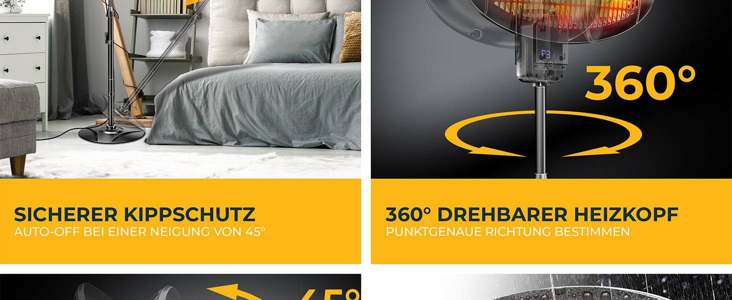 Інфрачервовий обігрівач KESSER® 2000W з Wi-Fi та пультом дистанційного керування, 360° обертання, регулювання висоти, підставка та настінний монтаж, захист від перекидання, IPX4 вологозахист, для тераси, балкону та саду, чорний