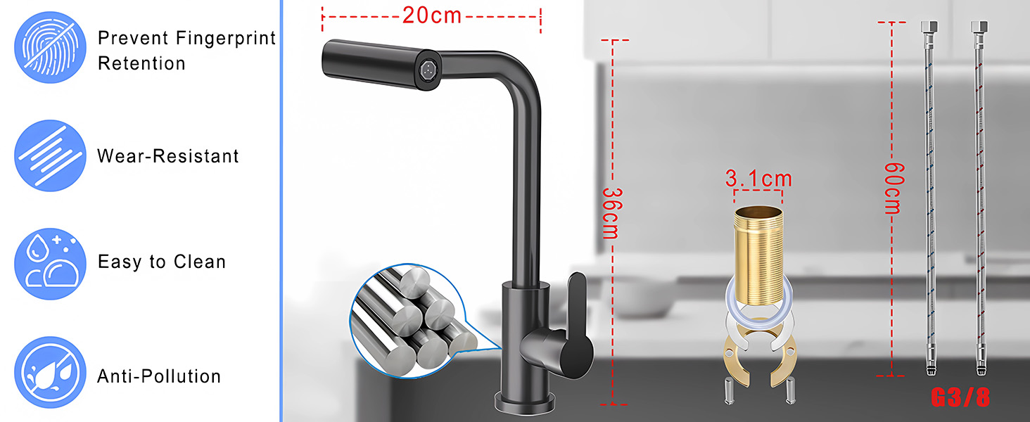 Кухонний змішувач водоспадом Ruimooto з 4 режимами, нержавіюча сталь, 360° обертання, високий тиск