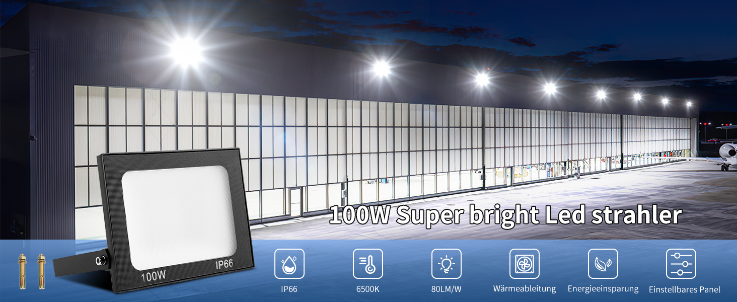 LED прожектор Viugreum 100Вт 8000Лм IP65 холодне світло, зовнішній, комплект 2 шт, для двору, гаража, під'їзду, з кабелем 50 см