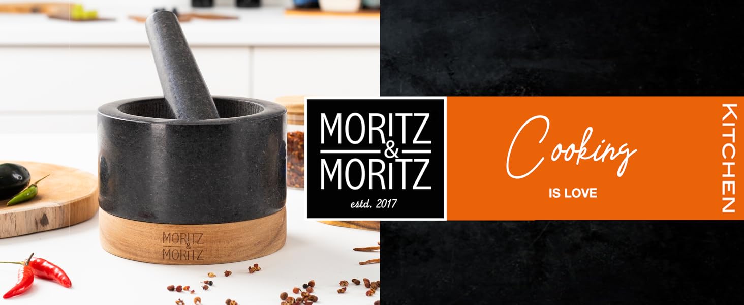 Мельниця для спецій Moritz & Moritz з пестиком з граніту, велика (діаметр 14 см) з дерев'яним підставкою – ідеальна для спецій, песто та паст