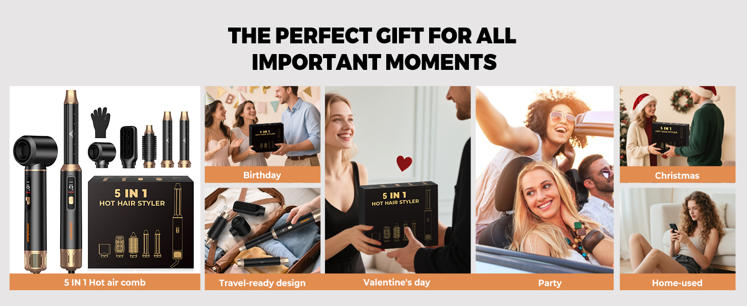 OKWRAP Haarstyler 5-в-1: Airbrush з LCD, Набір для укладки волосся, Фен з насадками, Випрямляч, Локони, Чорний