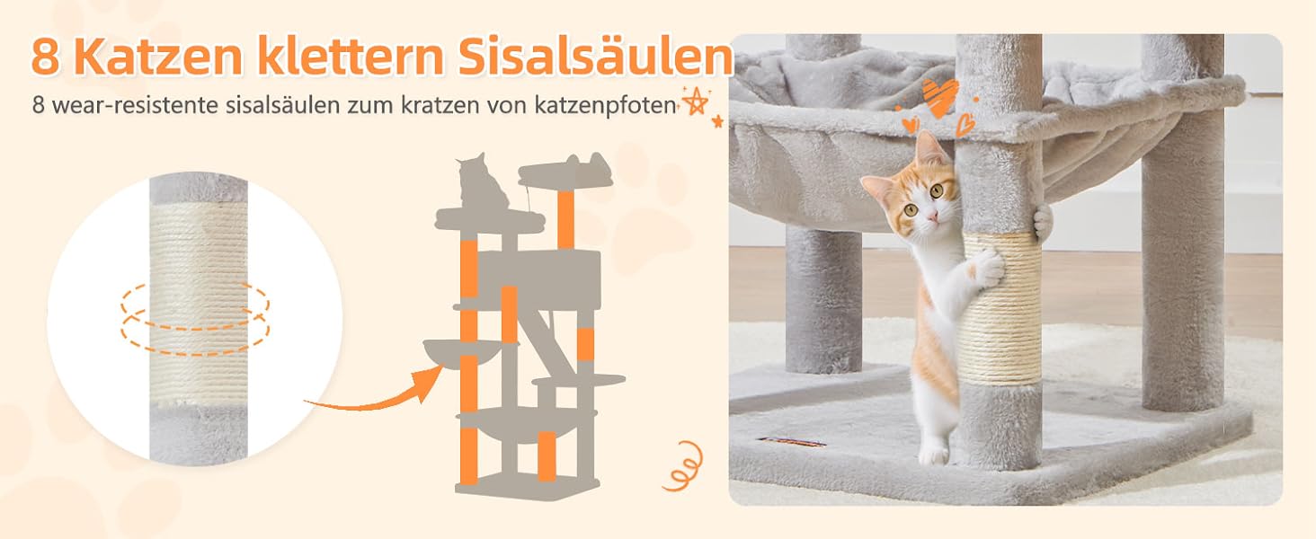 Кігтеточка для котів Taoqimiao MS026W 146 см - велика, стабільна, з 2 будиночками, гамаком, корзиною та 8 кігтеточками (світло-сірий)