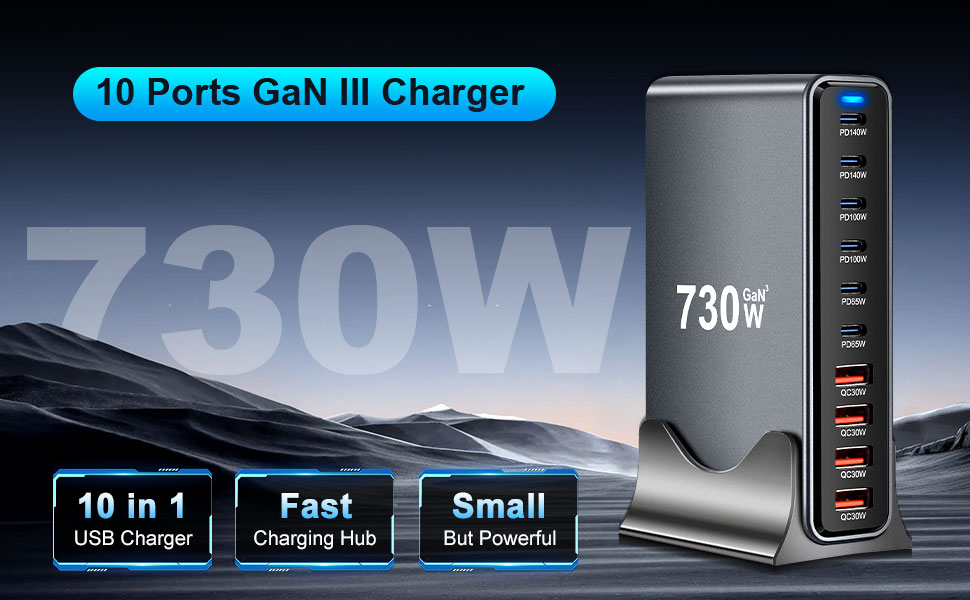 Зарядний пристрій GaN III USB C 730W, 10 портів (6x USB-C, 4x USB-A), PD 140W/100W/65W/30W для MacBook, iPhone, iPad, Samsung Galaxy - Швидка зарядка
