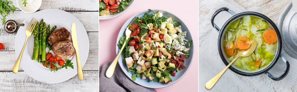 Набір столових приборів OGORI для 6 осіб, 30 предметів, з дзеркально відполірованим золотим покриттям, 18/10 нержавіюча сталь, набір столових приборів для дому/вечірки/ресторану (у подарунковій коробці). Набір столових приборів для 6 осіб (набір столових приборів для 8 осіб, золото | 40 предметів)