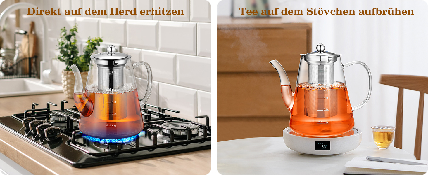 Скляний чайник з ситом 1200-1500 мл з боросилікатного скла з мірною шкалою для листового чаю та чайних квітів, подарунковий набір