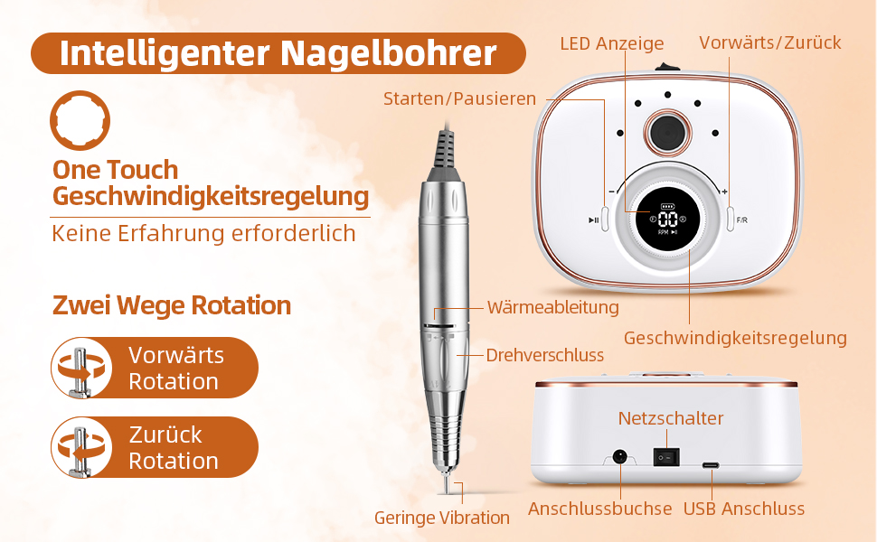 CIVPOWER Набір для манікюру та педикюру: професійний електричний фрезер для нігтів з акумулятором 4000mAh, 13 насадок