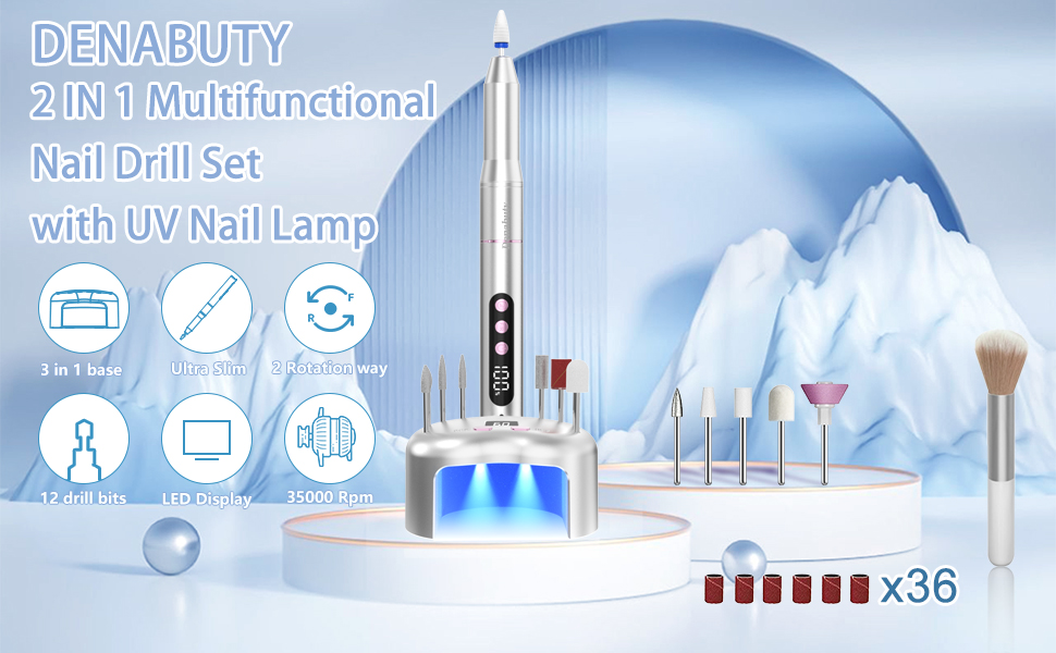 Електричний фрезер для нігтів Nagelfräser Kabellos 2-в-1 з LED лампою для манікюру та педикюру, 35000 об/хв, срібний