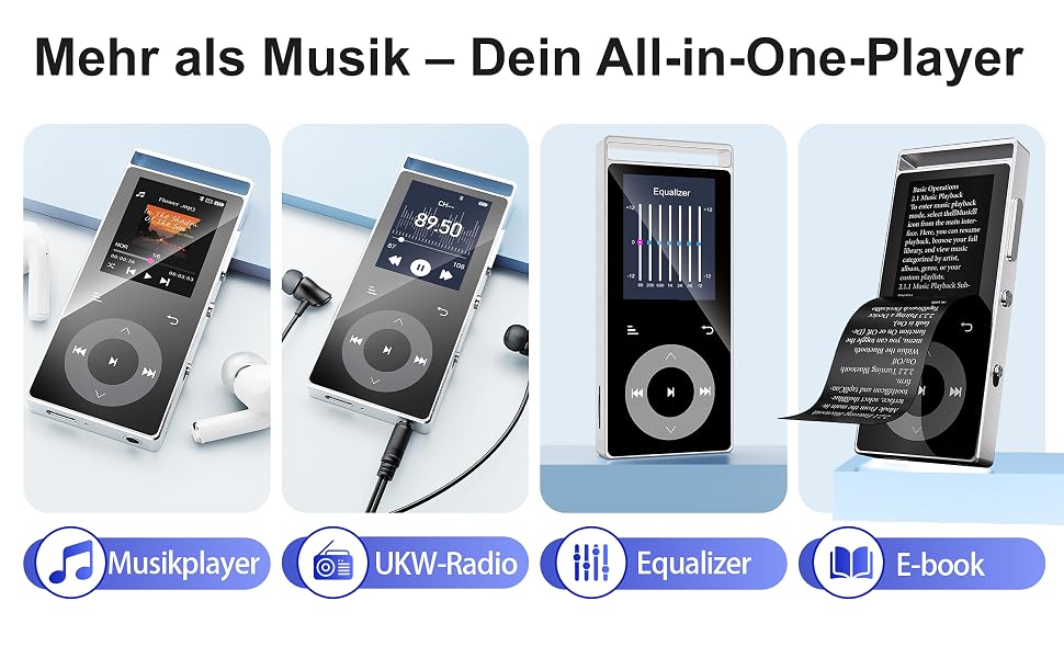 MP3 плеєр 90GB з Bluetooth 5.3 та HiFi звуком, сенсорним керуванням, кольоровим дисплеєм та FM-радіо, металевий корпус, підтримка карт пам'яті до 128GB, чорний/сріблястий