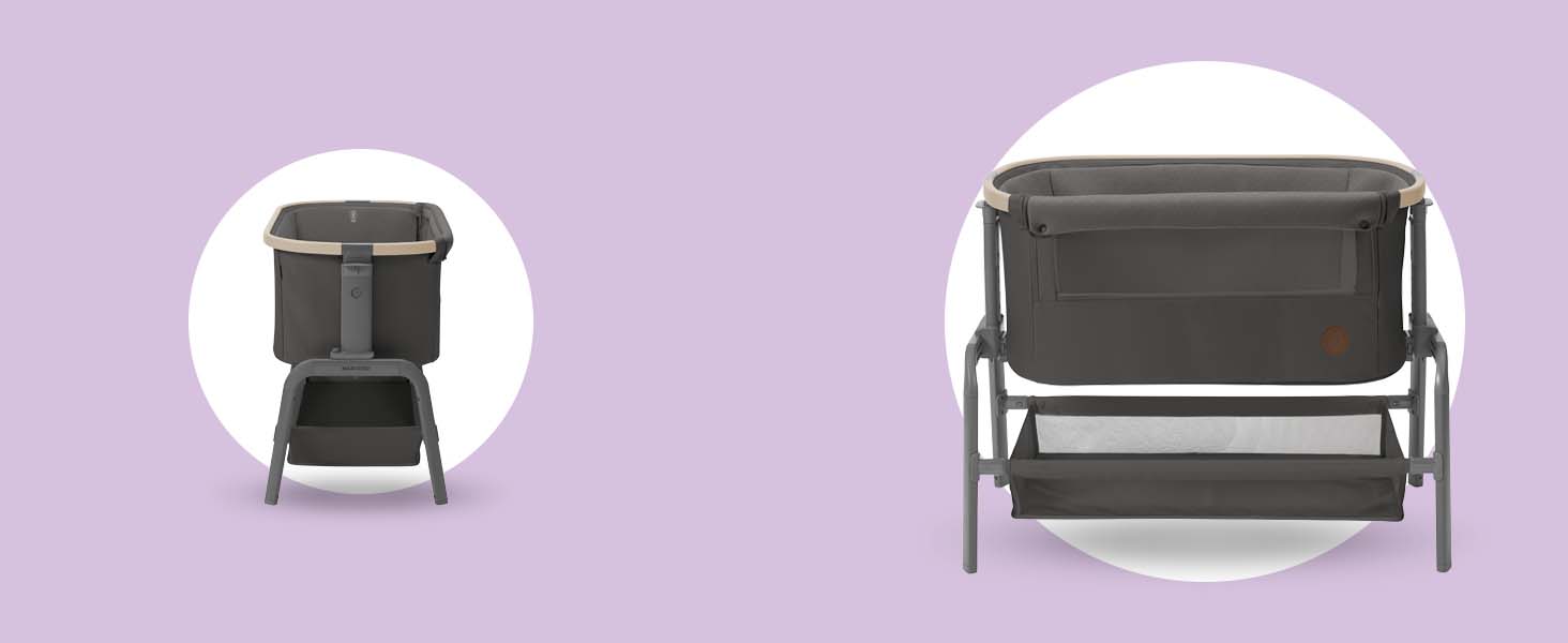 Maxi-Cosi Iora Bedside Crib Baby, Foldable Co-Sleeper, 0–6 Months, max. 9 kg, 4 Recline Positions and 5 Height Levels, Easy to Push, Comfortable Mattress, Large Basket, Easy to Carry, Essential Grey Essential Grey Iora