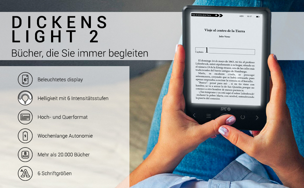 SPC Dickens Light 2 – Електронна книга з підсвічуванням дисплея та 6 рівнями інтенсивності світла, кнопками на передній панелі, місяцем автономної роботи, чорного кольору, 6 дюймів без обкладинки