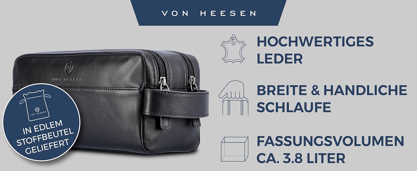 Чоловіча та жіноча косметичка VON HEESEN з натуральної шкіри - дорожня сумка, несесер для подорожей, чорна, велика (2 відділення)