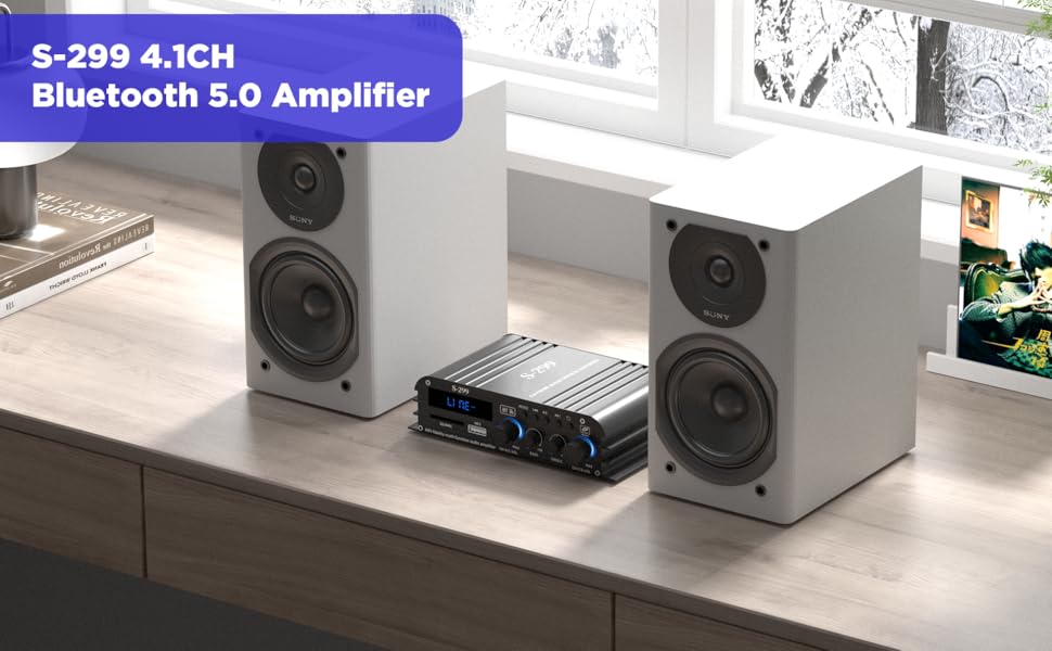 4.1-канальний підсилювач 1600W, Bluetooth 5.0, HiFi міні підсилювач для домашніх колонок 40Вт x4 + активний сабвуфер, USB/TF, MP3, пульт, 110-240V/12V, S299