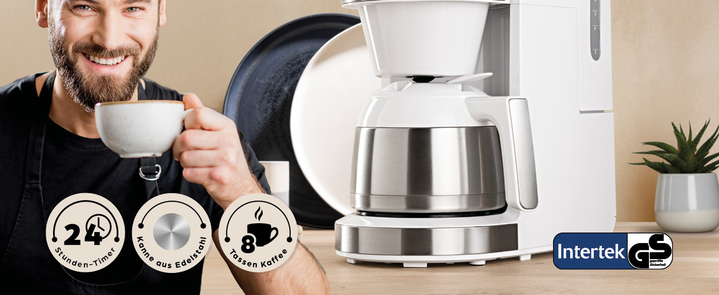 Кавомашина Barista Filterkaffeemaschine з регульованим млинком та термокружка | Функція підігріву, таймер 24 год та постійний фільтр | Для 10 чашок кави | Кавомашина для зерен та меленої кави [Нержавіюча сталь] (9) Weiß (Pro Design) - Термокружка - з млинком