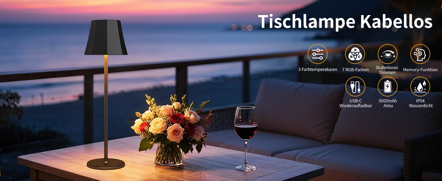 Бездротова LED-лампа Suright для столу з 3 кольоровими режимами + RGB, регульована яскравість, сенсорне управління, водонепроникність IP54, чорна