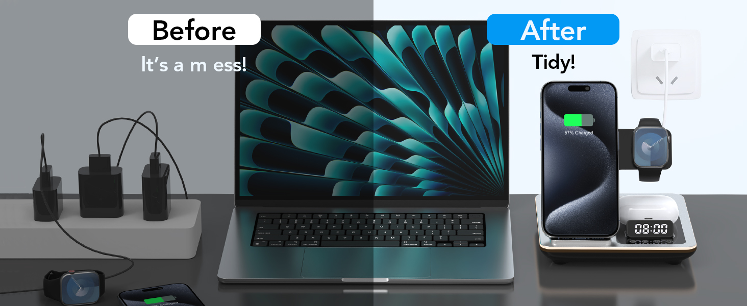 Багатофункціональна зарядна станція Hatalkin 5 в 1 для iPhone, Apple Watch та AirPods Pro. З функцією будильника та нічника, срібна