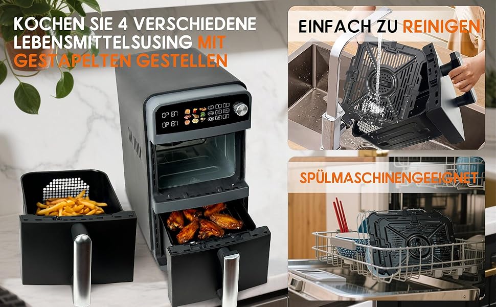 Фритюрниця повітряна подвійна 10L з 2 відсіками | 2400W, 9 програм, таймер, економія енергії, миється в посудомийній машині, сірий колір