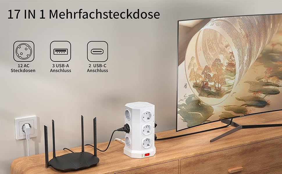 Блок розеток із захистом від перенапруги (3680W/16A), 12 розеток з 5 USB, мережевий фільтр з вимикачем, 1,5м кабель, захист 1050J, для дому/офісу, білий