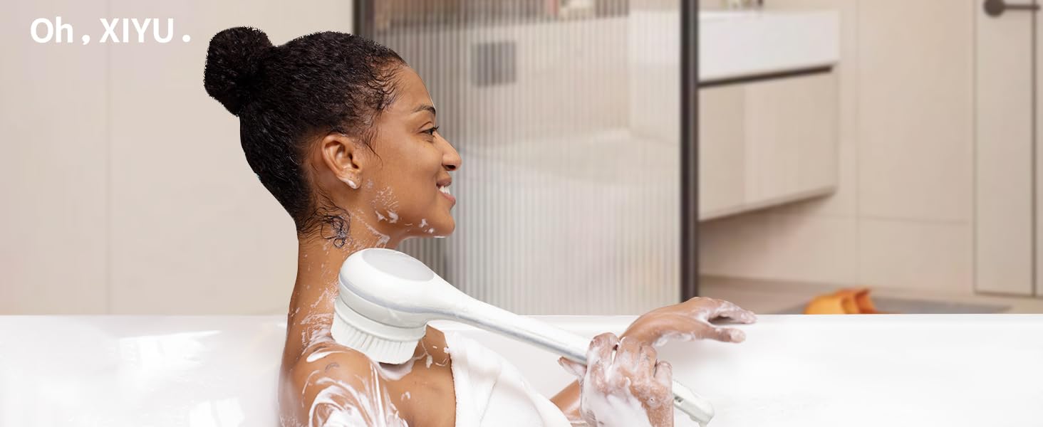 Електрична щітка для спини, м'яка ексфоліація, довгоручна душова щітка, допомога у нанесенні крему для жінок, чоловіків, людей похилого віку, глибоке очищення для всіх типів шкіри, гарна піна - Рожева (Перламутровий)