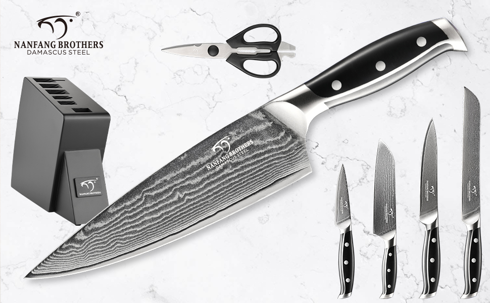 NANFANG BROTHERS 18-Piece Damascus Kitchen Knife Set with Hammered Handles & Wooden Block - Premium Quality