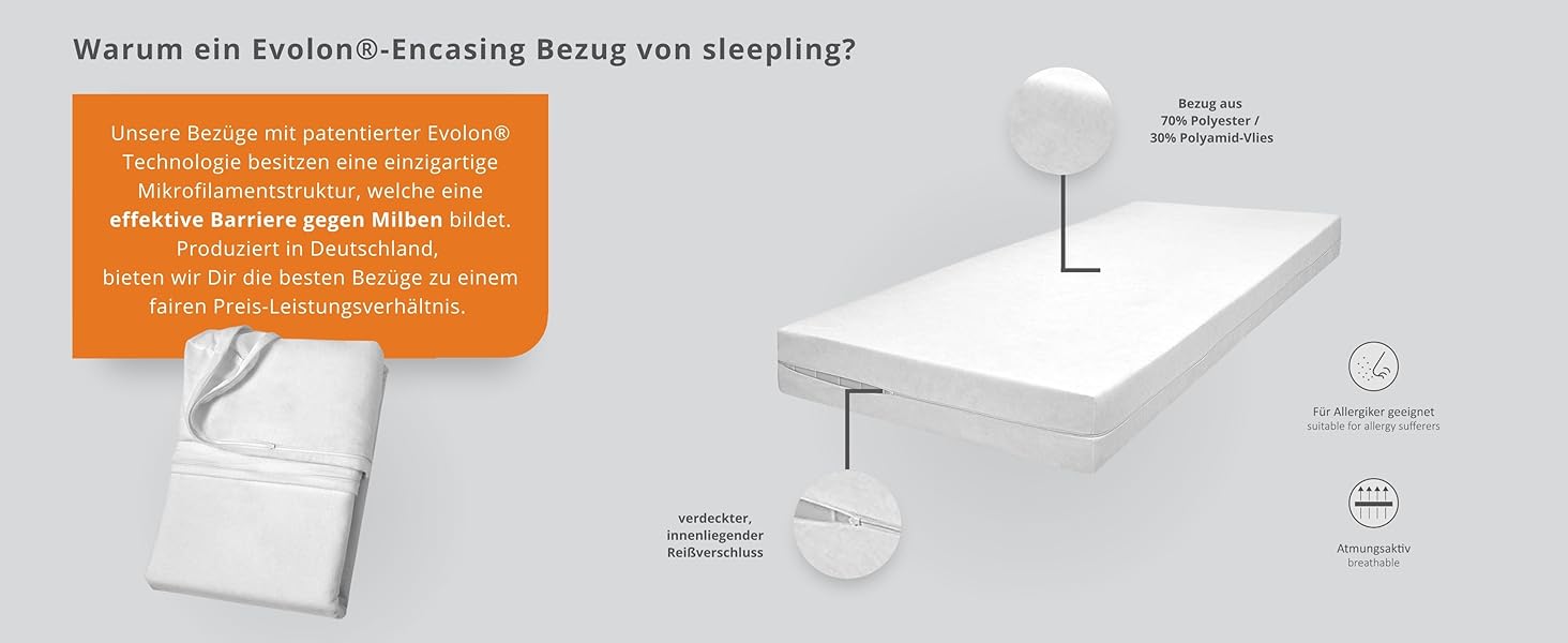 Чохол на матрац sleepling 90x200 см Evolon для алергіків, антикліщовий, захист від пилових кліщів, для матраців до 20 см, прати при 95°C, вироблено в Німеччині