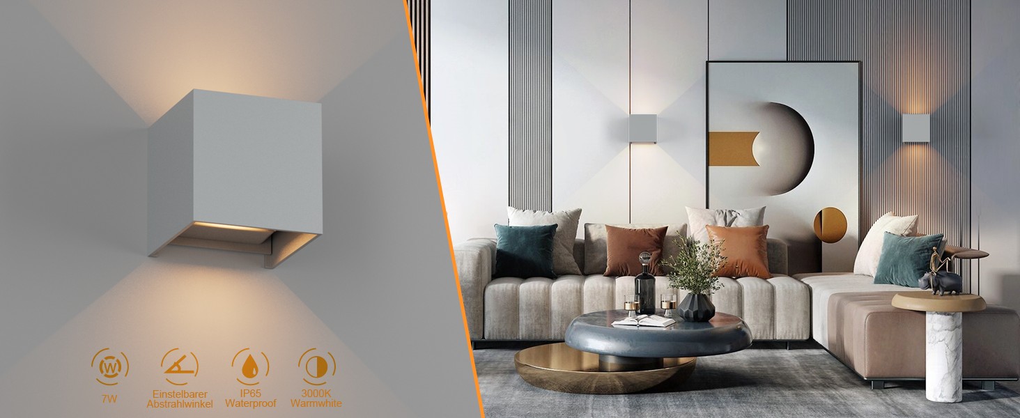 LED вуличне освітлення K-Bright 7W: настінний світильник з регульованим світловим променем, тепле біле світло, IP65, сірий