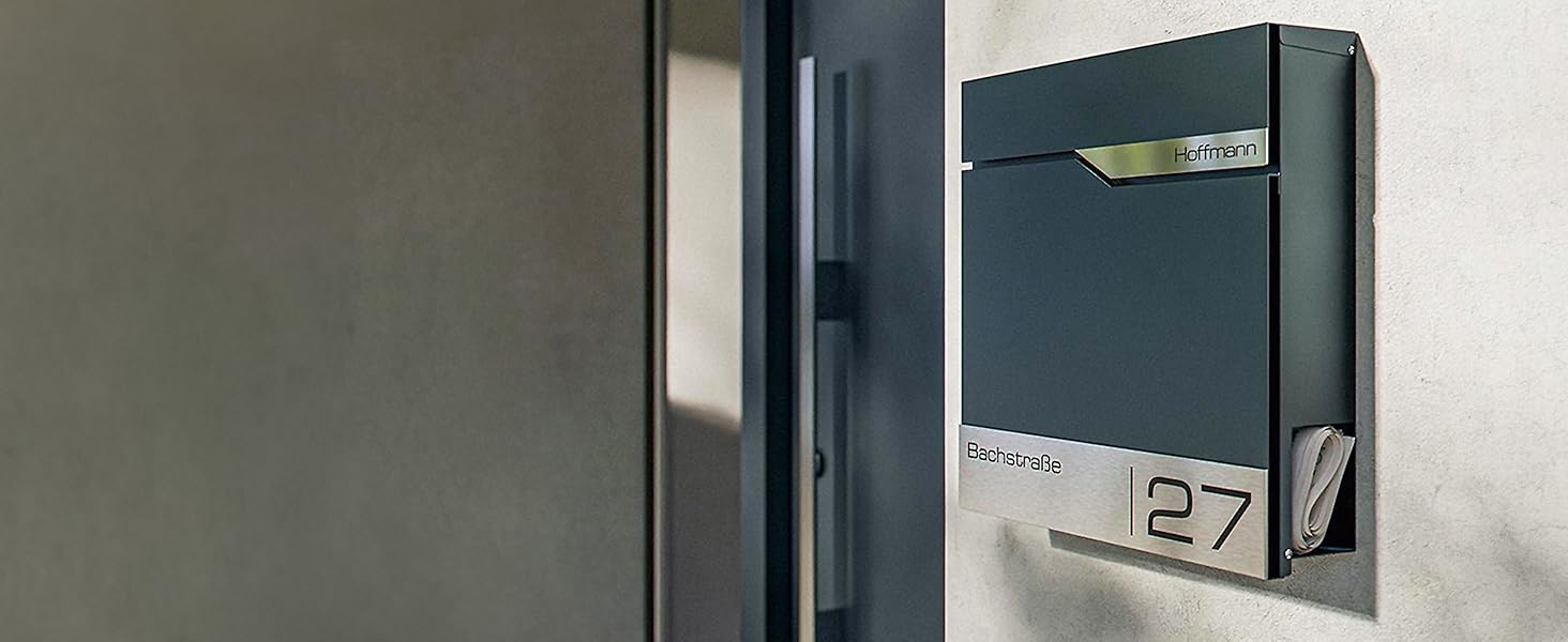 Поштова скринька Metzler персоналізована з гравіюванням, нержавіюча сталь, відділення для газет, замок, вологостійка, антрацит RAL 7016, настінний монтаж 37x37x10.5 см