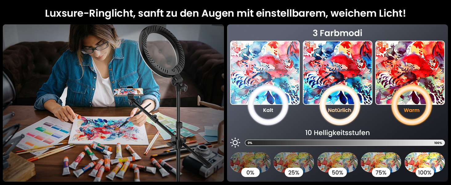 Настільний штатив з кільцевим світлом – подвійний тримач для 2 смартфонів, регульоване кільцеве світло з металевим штативом, 10.5' для коучингу/фуд-блогерів/влогів/мейк-апу/DIY