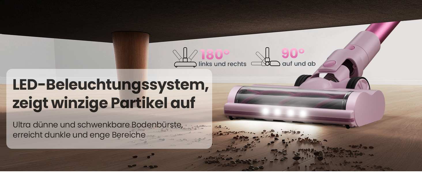 Бездротовий пилосос Belife Akku: потужний, 6-в-1, для тварин, килимів, твердих поверхонь, LED-дисплей, 45 хв роботи, 45000Pa, 550W, безщітковий мотор (рожевий)