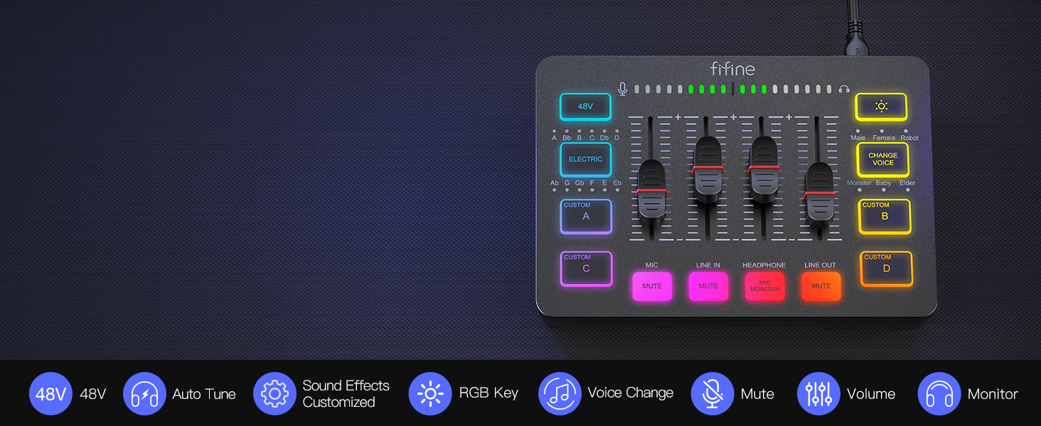 FIFINE ігровий аудіомікшер для ПК, RGB звукова карта для XLR мікрофона, аудіоінтерфейс для стрімінгу та музикантів, мікшерний пульт для геймерів і креаторів, індивідуальне керування, зміна голосу, чорний