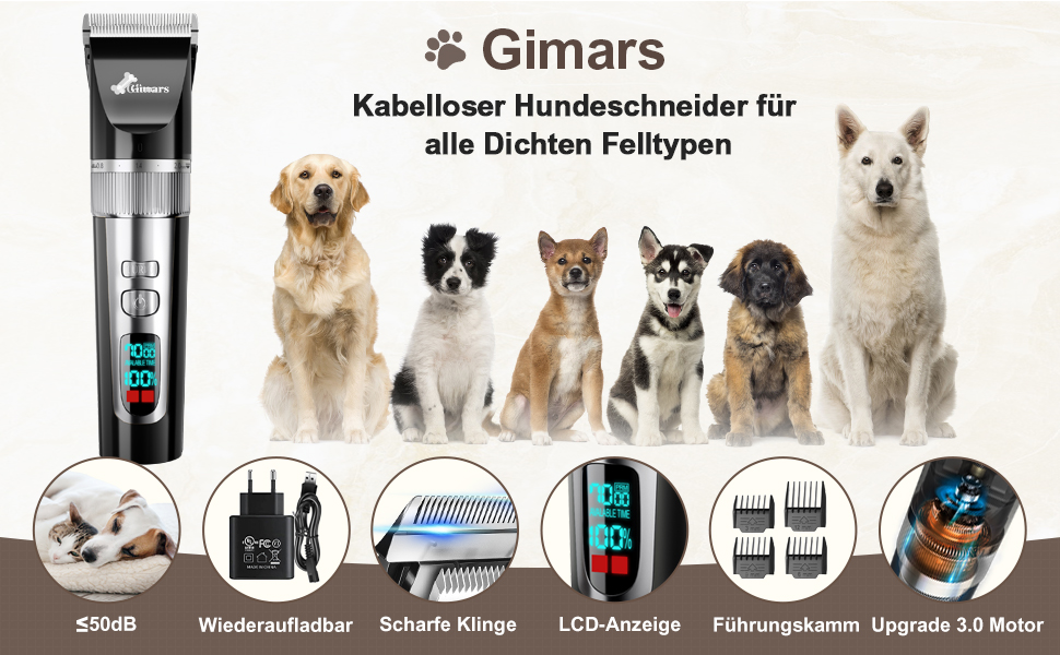 Gimars 3-в-1 професійна машинка для стрижки собак та котів, 7000 об/хв, для густого хутра, тиха, акумуляторна, з набором ножиць