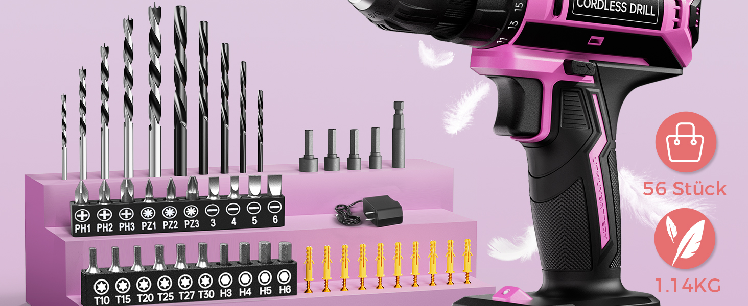 Акумуляторний шурупокрут-дрель 20V, 56 шт. у наборі, 42Nm, LED-підсвітка, рожевий, для дому та майстерні