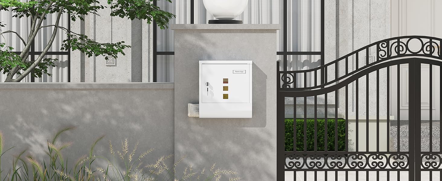 Поштовий ящик WOLTU з газетницею, оглядовим вікном та табличкою для імені, настінний, замикається (2 ключі), білий (30,5x33,5x9 см)