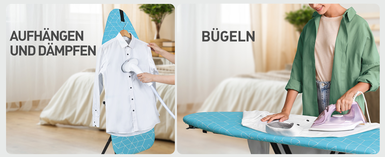 LyriFine Прасувальна дошка 2-в-1 для прасування з парою та класичного прасування, стійка до нагрівання, складана з гачком, міцний сталевий каркас, для парогенераторів (Синій колір з підставкою для праски)