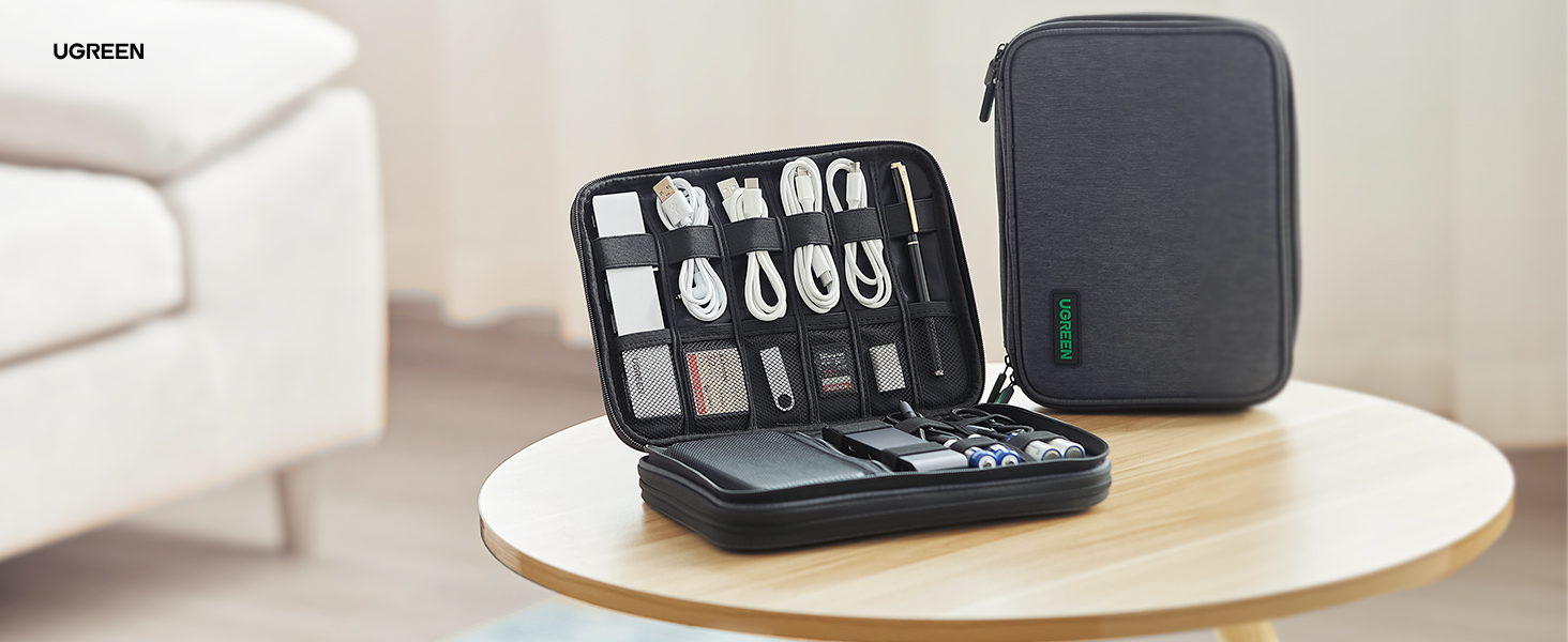Органайзер UGREEN для аксесуарів: водонепроникна сумка-чохол для USB-накопичувачів, зарядних пристроїв, HDD, Power Bank, карт пам'яті (сірий/чорний)