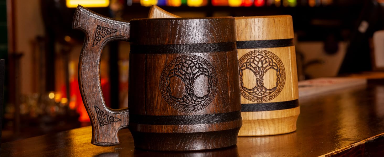 Діжка TESLYAR Вікінг 0.6 л з дуба - середньовічна діжка для пива, кружка, кухоль з гравіюванням молота Тора, руни. Ідеальний подарунок для чоловіків, дерев'яний кухоль.