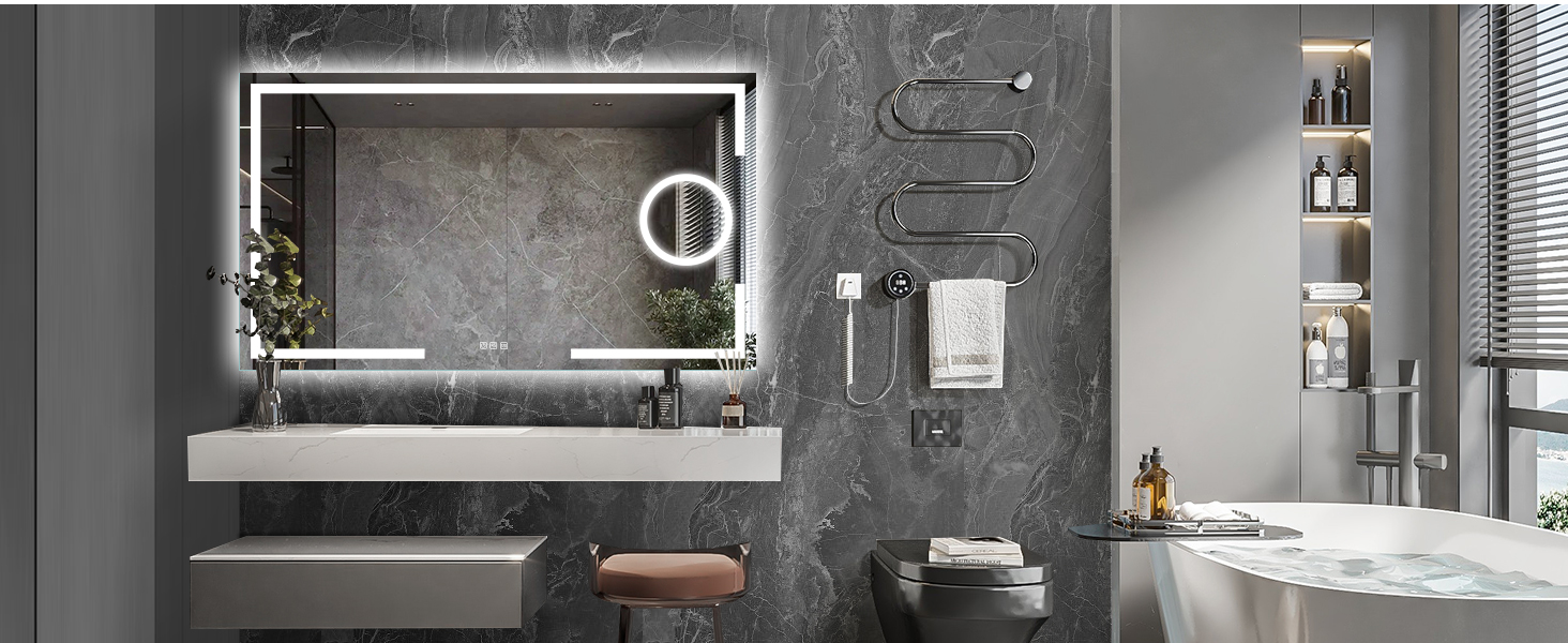 Дзеркало для ванної кімнати S'bagno з підсвічуванням 100x70 см, 5x збільшення, LED, алюмінієва рама, протитуманне покриття, 3 кольори, диммування, пам'ять, HD скло, IP44, без Bluetooth