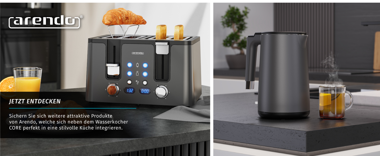 Електричний чайник Arendo з нержавіючої сталі 1.5 л, 2200 Вт, подвійні стінки, 360°, без BPA, захист від перегріву та сухого кипіння, чорний матовий сірий, 1.5 л