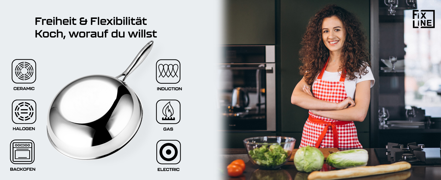 FIXLINE® Вок з антипригарним покриттям 28 см - без PTFE, для всіх плит (індукція), можна використовувати в духовці до 230°C, легко миється, ідеальний подарунок