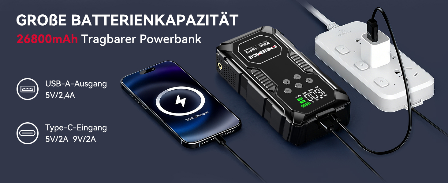 Пусковий пристрій FNNEMGE Powerbank 26800mAh 9000A з компресором 160PSI для авто 12В (бензин та дизель до 12.0л), бустер з USB-портом, LED-ліхтарем та LCD-дисплеєм