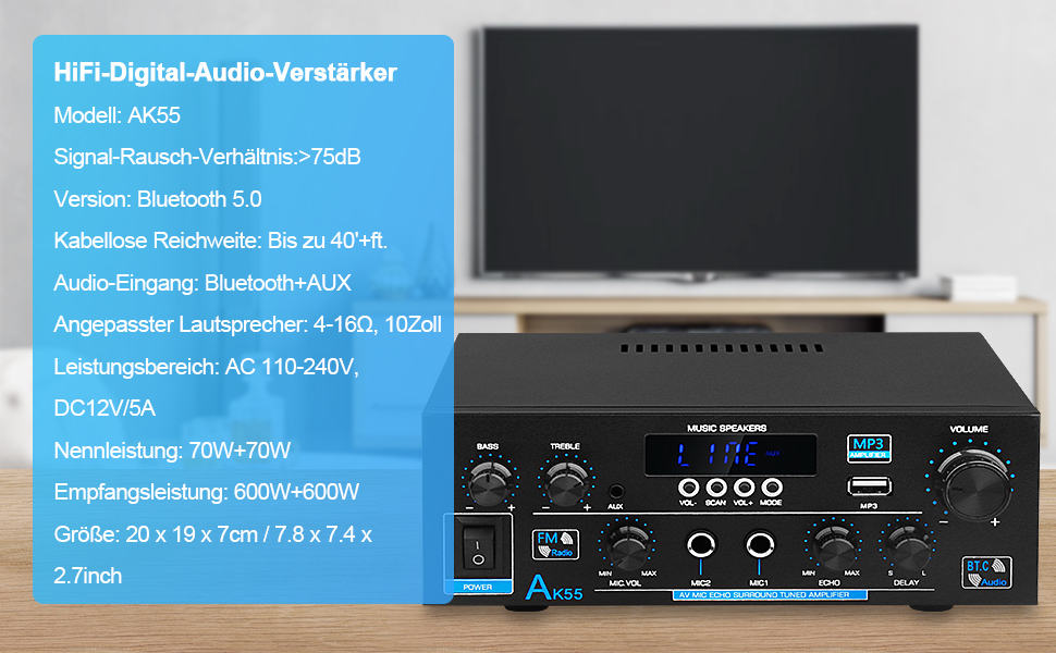 HiFi підсилювач AK55 Bluetooth, стерео аудіо підсилювач 2-канальний, 2x70Вт (макс. 600Вт), цифровий саунд підсилювач 12В/220В для дому та авто