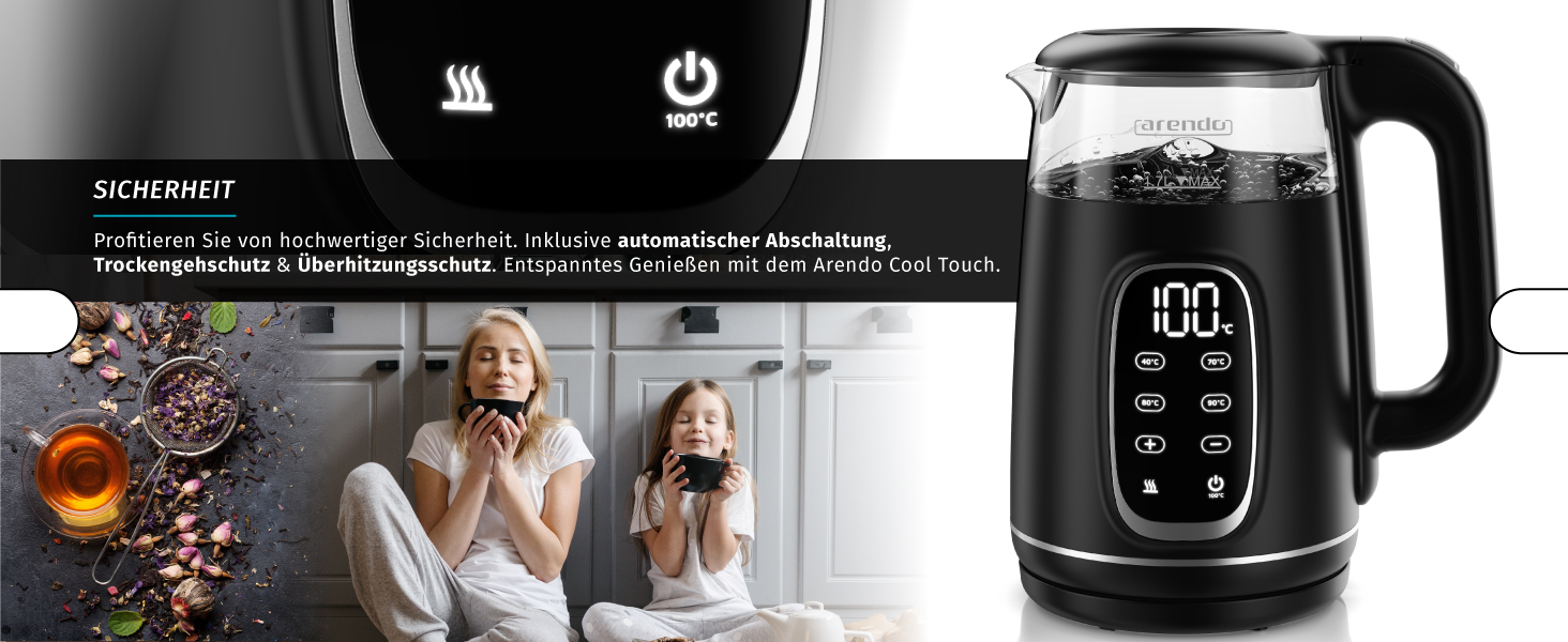 Електричний чайник Arendo зі скляною колбою, регулюванням температури, нержавіючою сталлю, подвійними стінками (Cool Touch), дисплеєм, бездротовим підключенням, 2200 Вт, 1,7 л, захистом від перегріву, функцією підтримання тепла, чорний