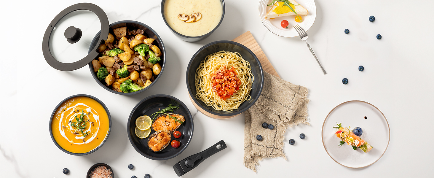 Набір посуду 17 предметів з знімним ручками, антипригарне покриття, для всіх типів плит, включаючи індукційні, сумісний з духовкою (темно-сірий)