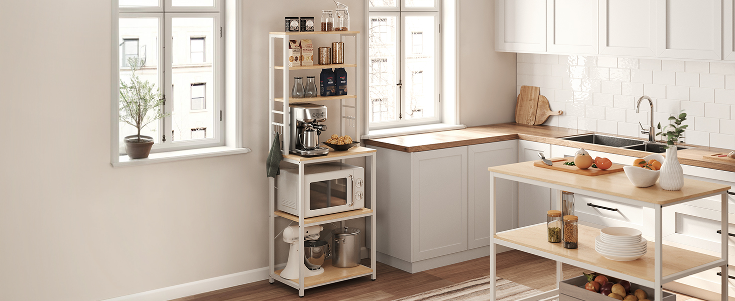 Поличкова стійка VASAGLE для кухні з 6 полицями та гачками, сталевий каркас, горіховий колір + білий, 40 x 60 x 167 см