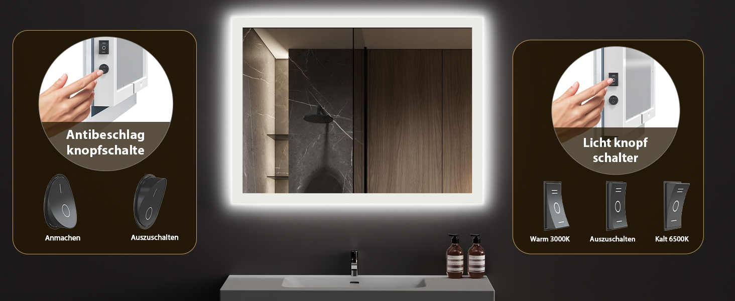 Дзеркало для ванної кімнати з підсвічуванням 50x70 см, LED, антизапарник, 2 кольори світла (3000K/6500K), прямокутне, горизонтальне/вертикальне, без рами