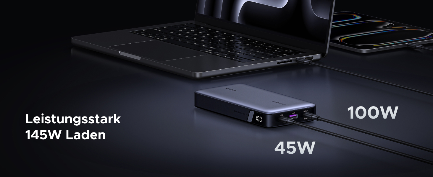 Power Bank UGREEN Nexode 145W 25000mAh з 3 USB-C портами та цифровим дисплеєм. Сумісний з MacBook, iPhone, Galaxy, Dell