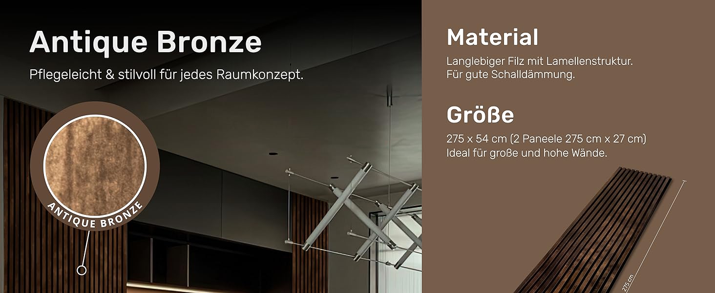 Акустичні настінні панелі з фетру Antique Bronze 345, комплект 2 шт. (275х27 см), 1.485 м² — декоративне оздоблення стін