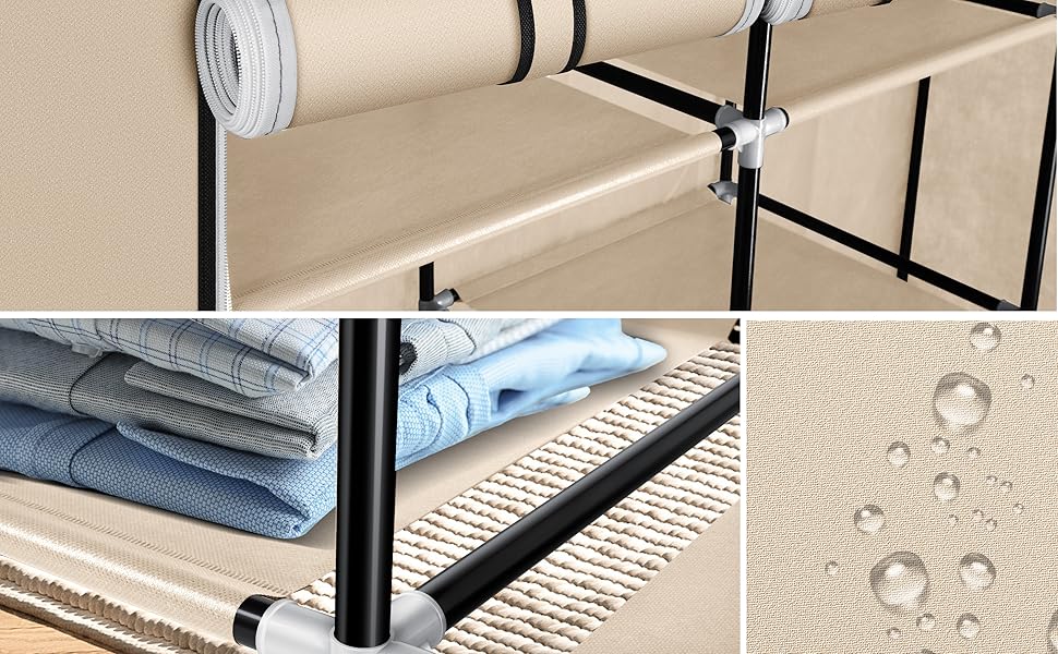 KESSER® Wardrobe Clothes Rack Stable with Clothes Rail & Shelves, Incl. 5x Clothes Hangers, Fabric Folding Wardrobe for Bedroom, Dressing Room Clothes Rack 150x45x175cm (Beige)